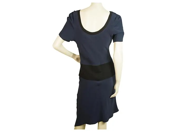 Autre Marque Vena Cava Azul Color w. Tamaño de vestido de seda de longitud asimétrica con ribete negro 4 Azul oscuro 