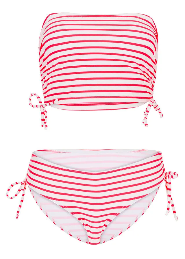 Bikini (2 piezas) de poliamida reciclada blanco/rosa caliente con rayas