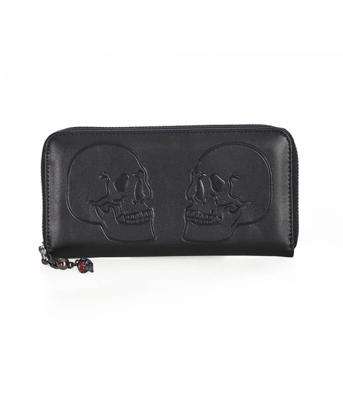 Cartera Twin Skull Negro Calaveras Grabadas Cremallera BANNED WT41134BLK