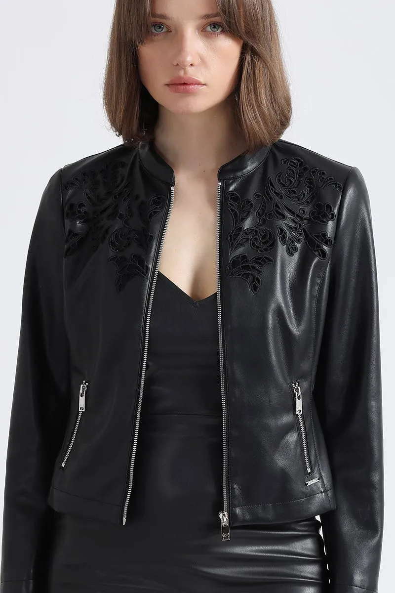 CHAQUETA BORDADO RICHELIEU, EFECTO CUERO, NEGRO