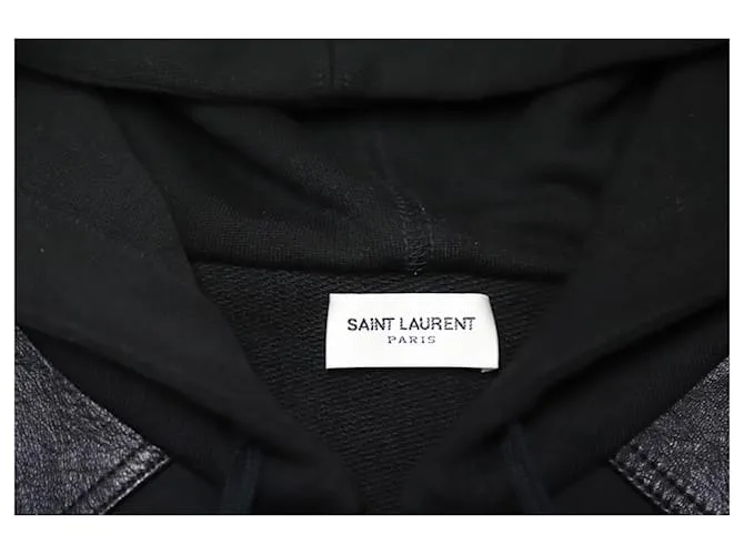 Chaqueta con capucha y cremallera con detalle de cuero en algodón negro de Saint Laurent 