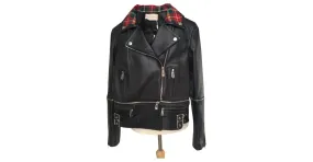 Christopher Kane Cuello de cuero de tartán con cremallera Biker chaqueta de cuero Negro Multicolor 