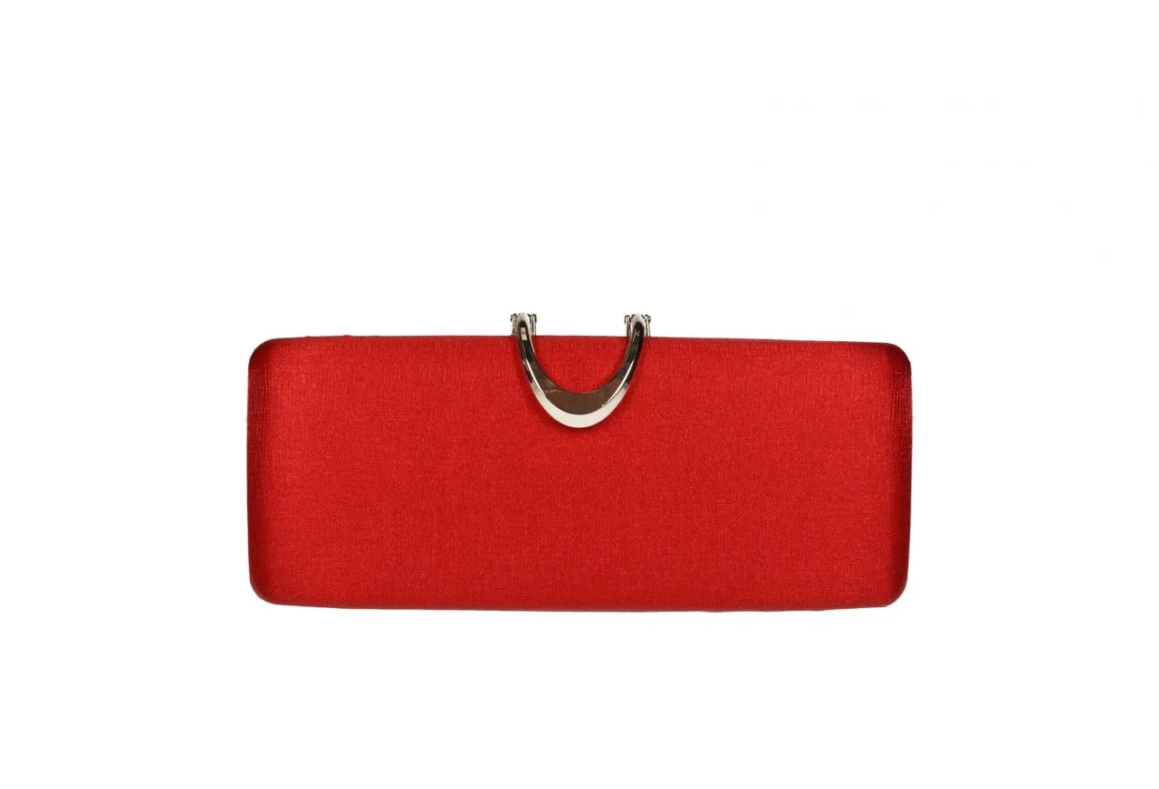 Clutch Rojo Metalizado Cierre Metal Curvado Oro