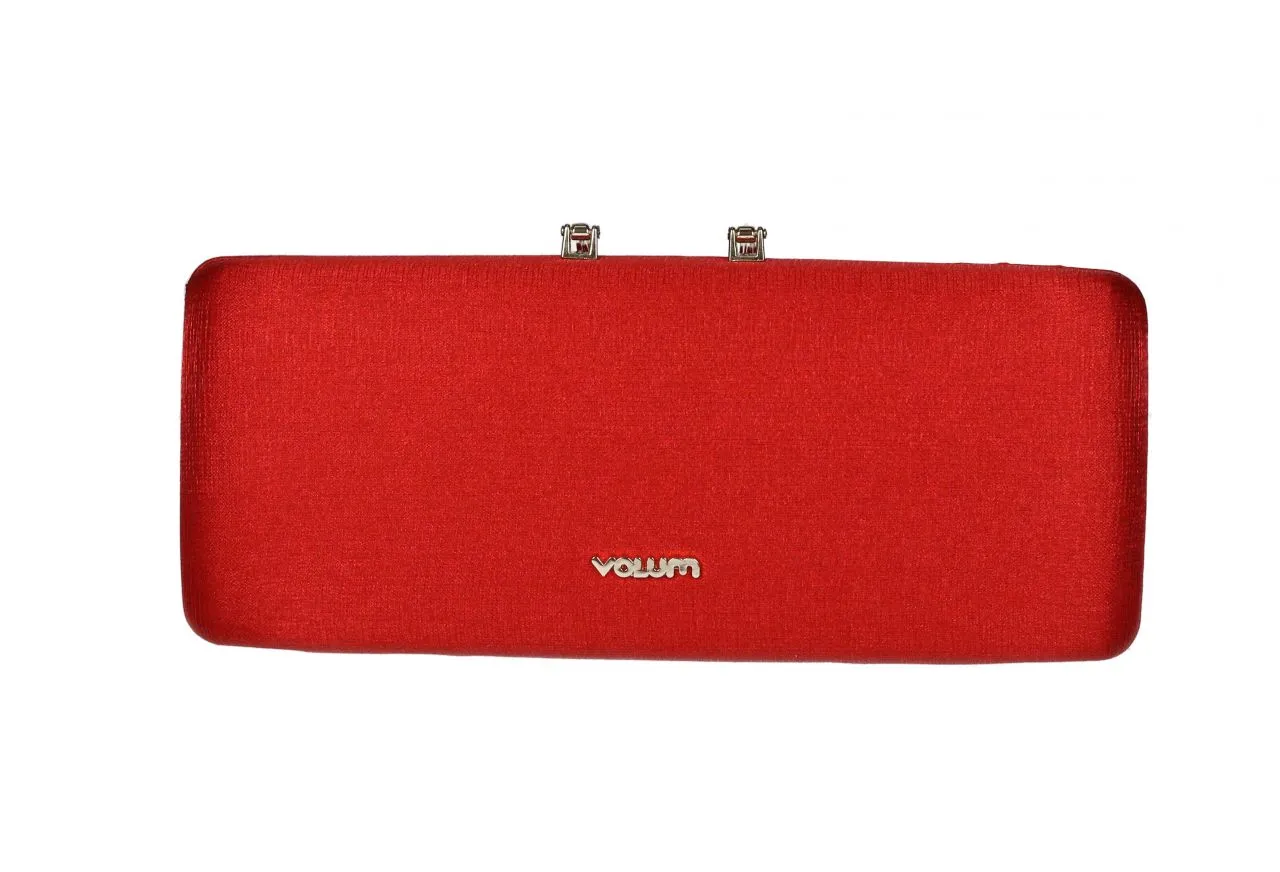 Clutch Rojo Metalizado Cierre Metal Curvado Oro