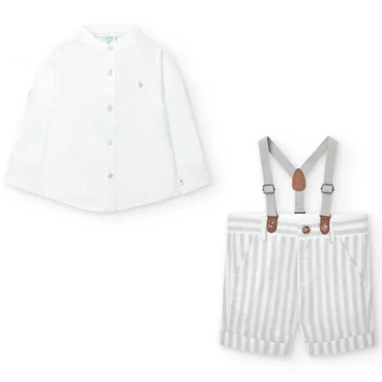 Conjunto niño camisa blanca y bermuda rayas tirantes de Bóboli