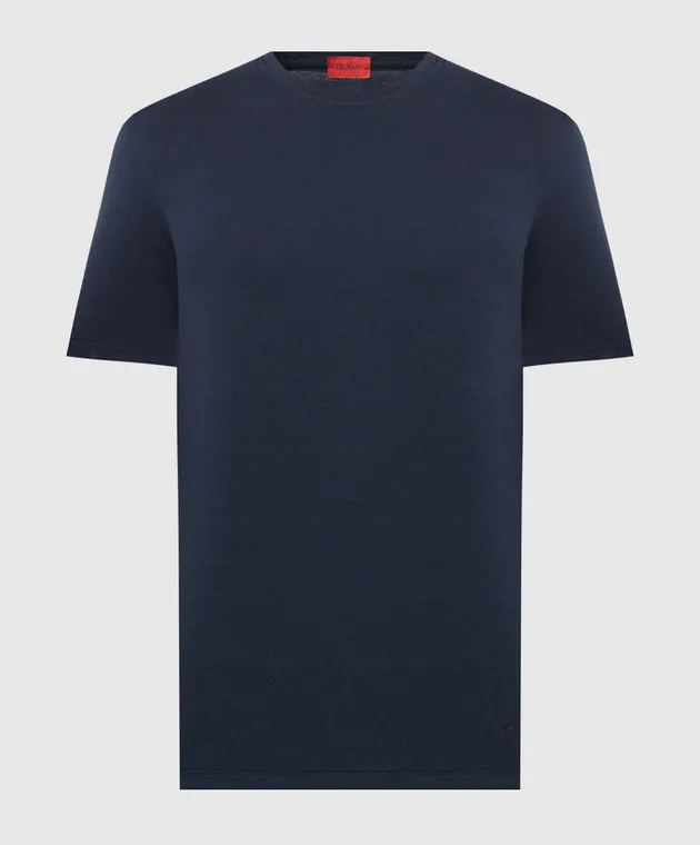 ISAIA Blue silk t-shirt with logo emblem embroidery