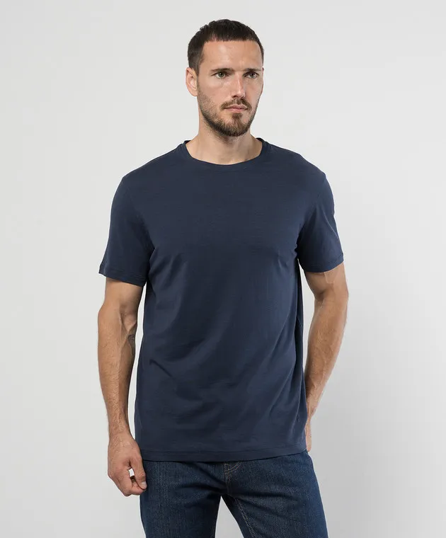 ISAIA Blue silk t-shirt with logo emblem embroidery