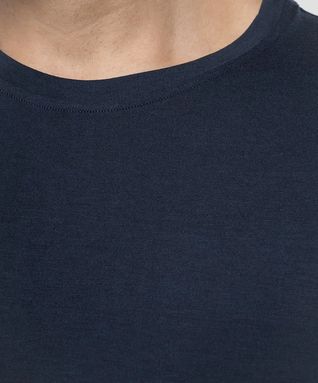 ISAIA Blue silk t-shirt with logo emblem embroidery