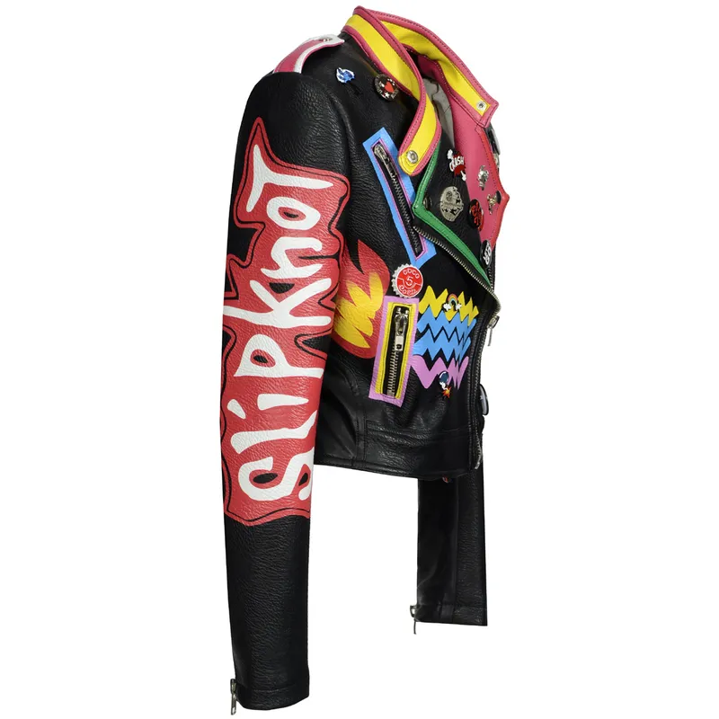 OC926M48 Chaqueta de cuero de cuero de cuero para mujeres Coacción para mujeres Europa y American Fashion Graffiti Motocicleta R