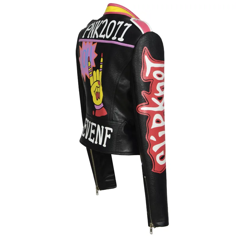 OC926M48 Chaqueta de cuero de cuero de cuero para mujeres Coacción para mujeres Europa y American Fashion Graffiti Motocicleta R