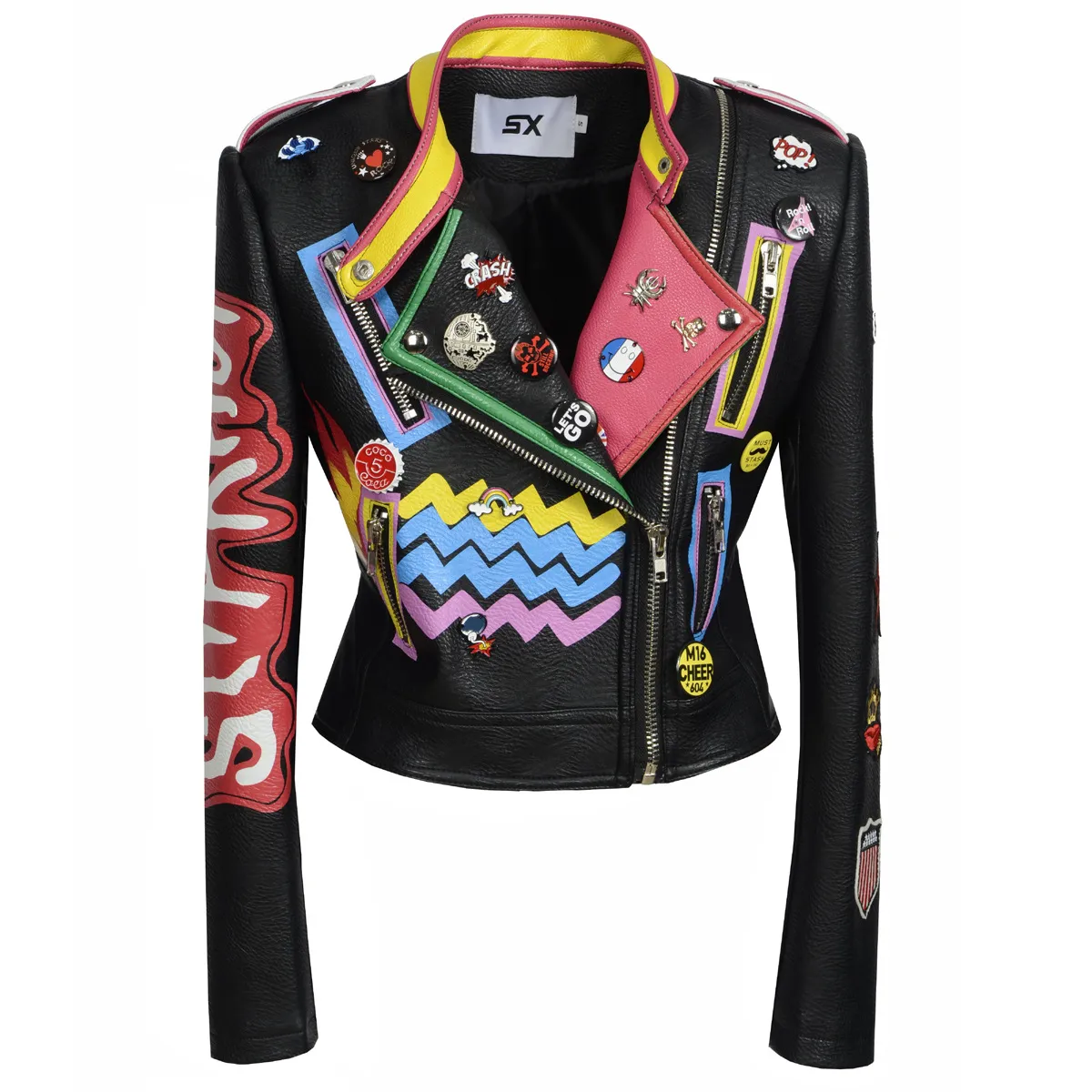 OC926M48 Chaqueta de cuero de cuero de cuero para mujeres Coacción para mujeres Europa y American Fashion Graffiti Motocicleta R