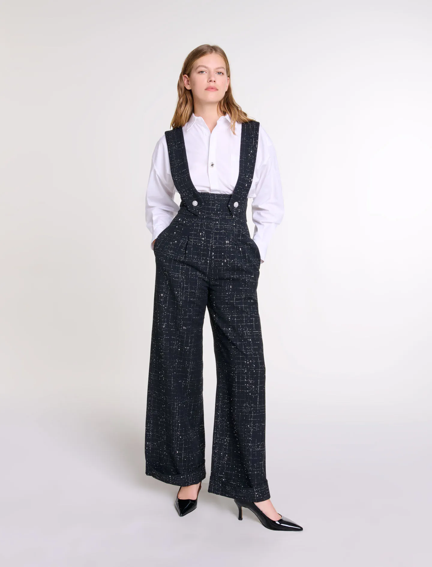 Pantalón largo con tirantes de tweed