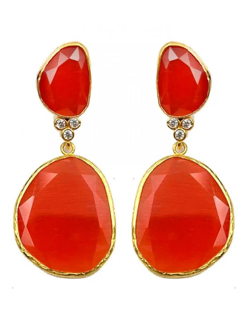 Pendientes mujer largos de piedra natural naranja con circonitas