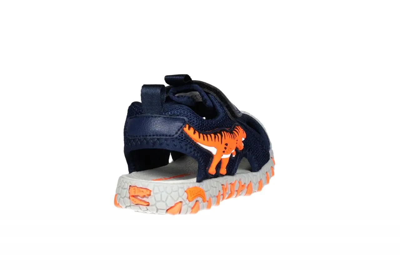 Sandalia Cubierta Azul T-rex Lateral Naranja Luces Piso Gris