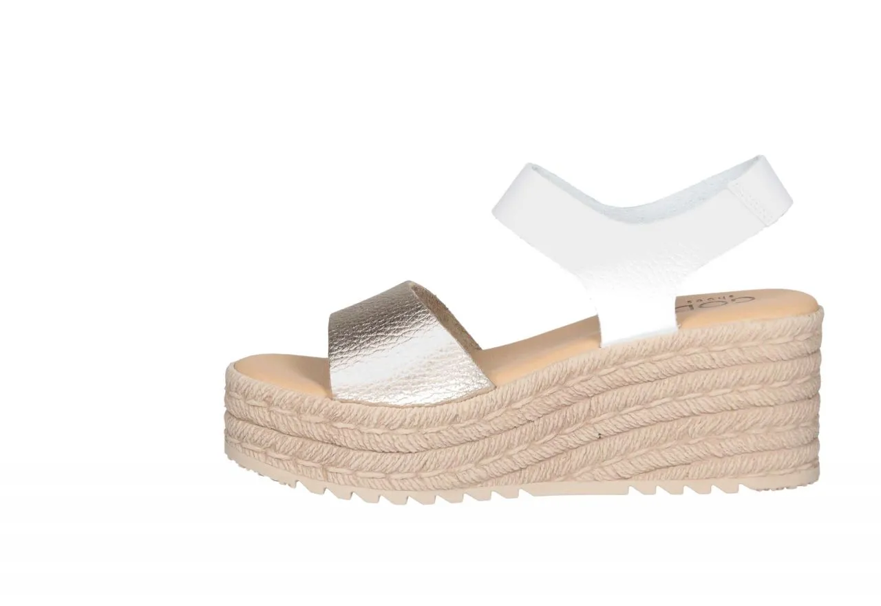 Sandalia Velcro Piel Oro Talon Blanco CuÑa