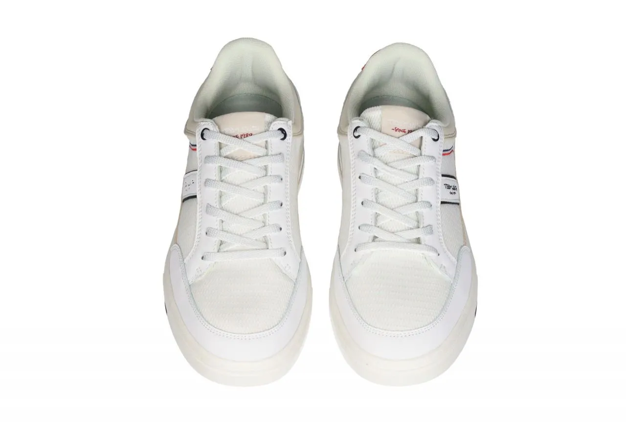 Sneaker Blanco Pala y Laterales Rejilla Pieza Talon Naranja Cuello Beige