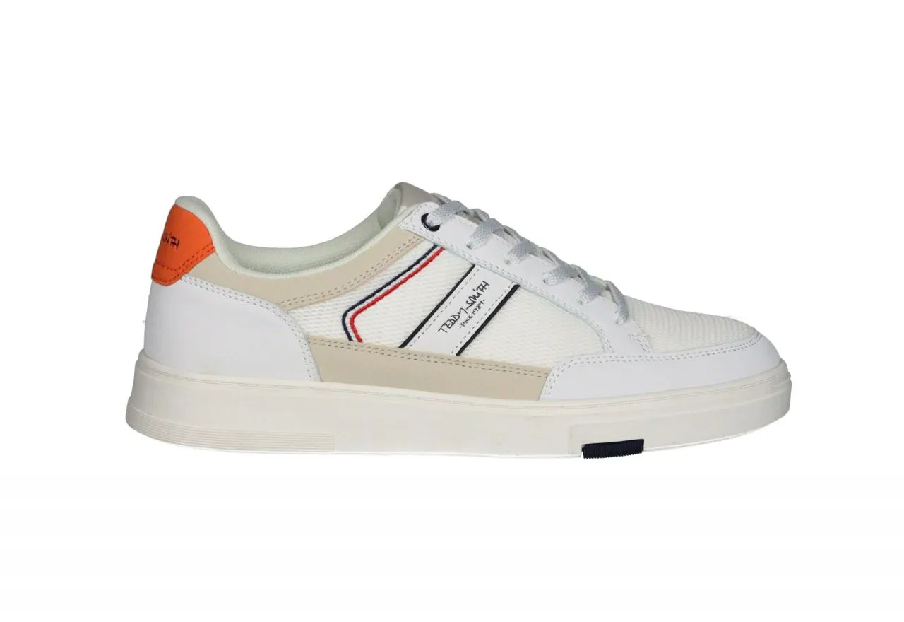 Sneaker Blanco Pala y Laterales Rejilla Pieza Talon Naranja Cuello Beige