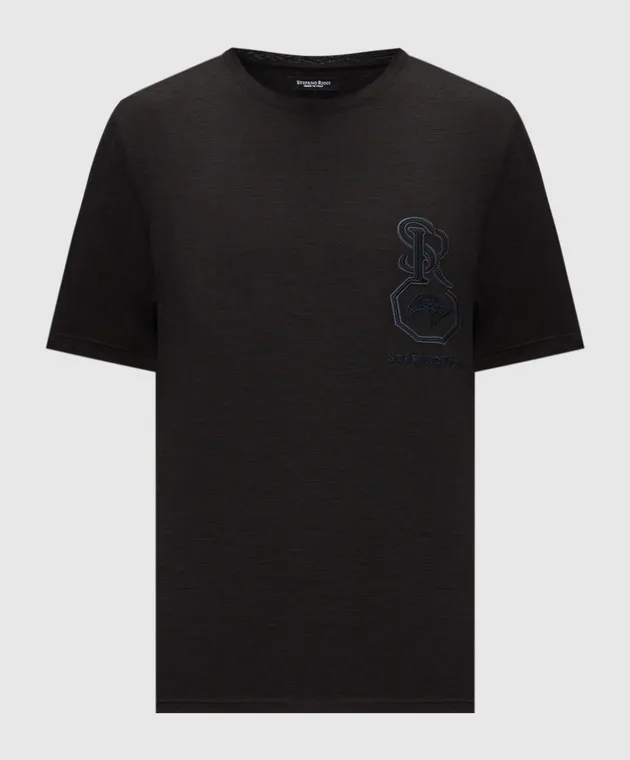 Stefano Ricci Black wool t-shirt with logo embroidery