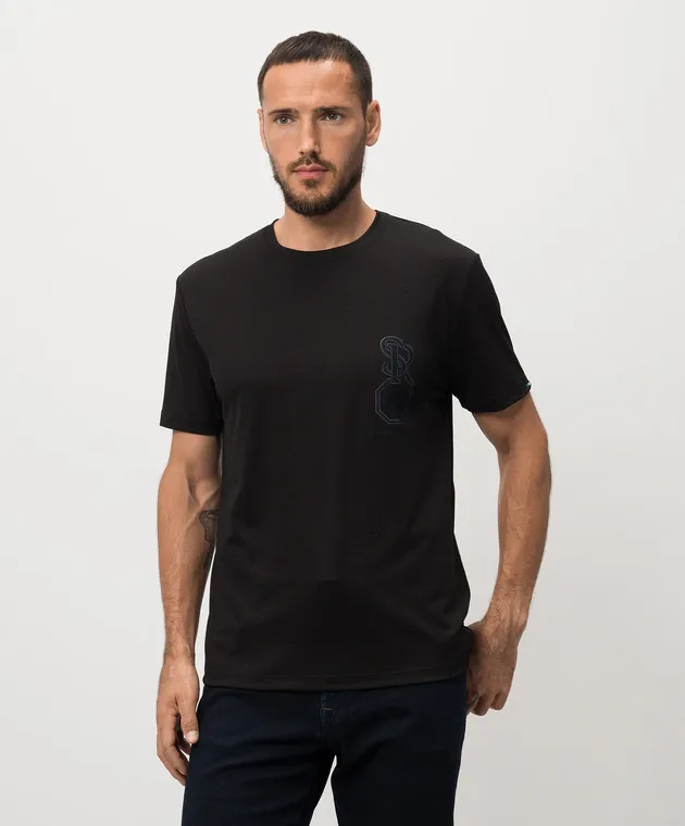 Stefano Ricci Black wool t-shirt with logo embroidery