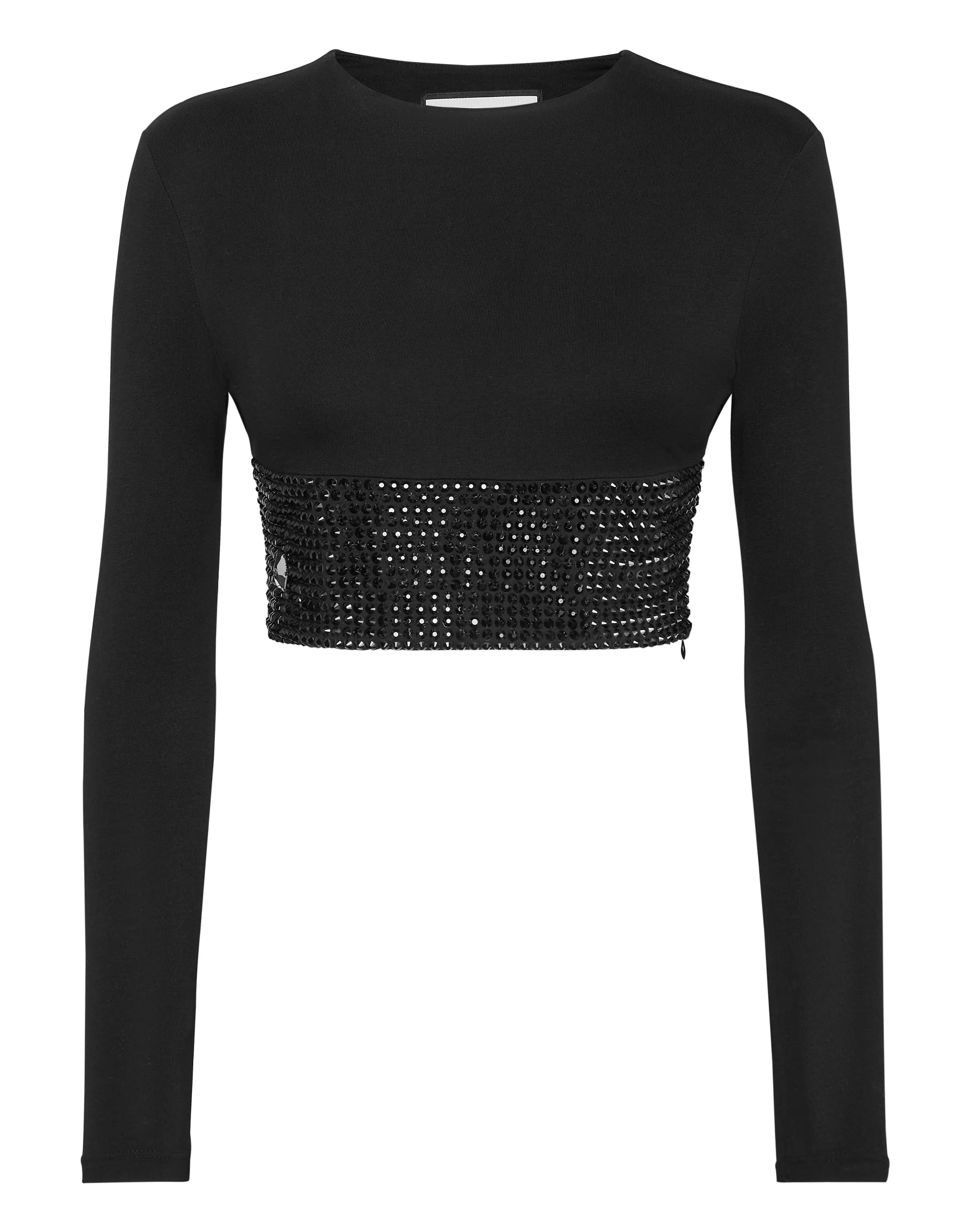 Strass Cropped T-shirt Round Neck LS