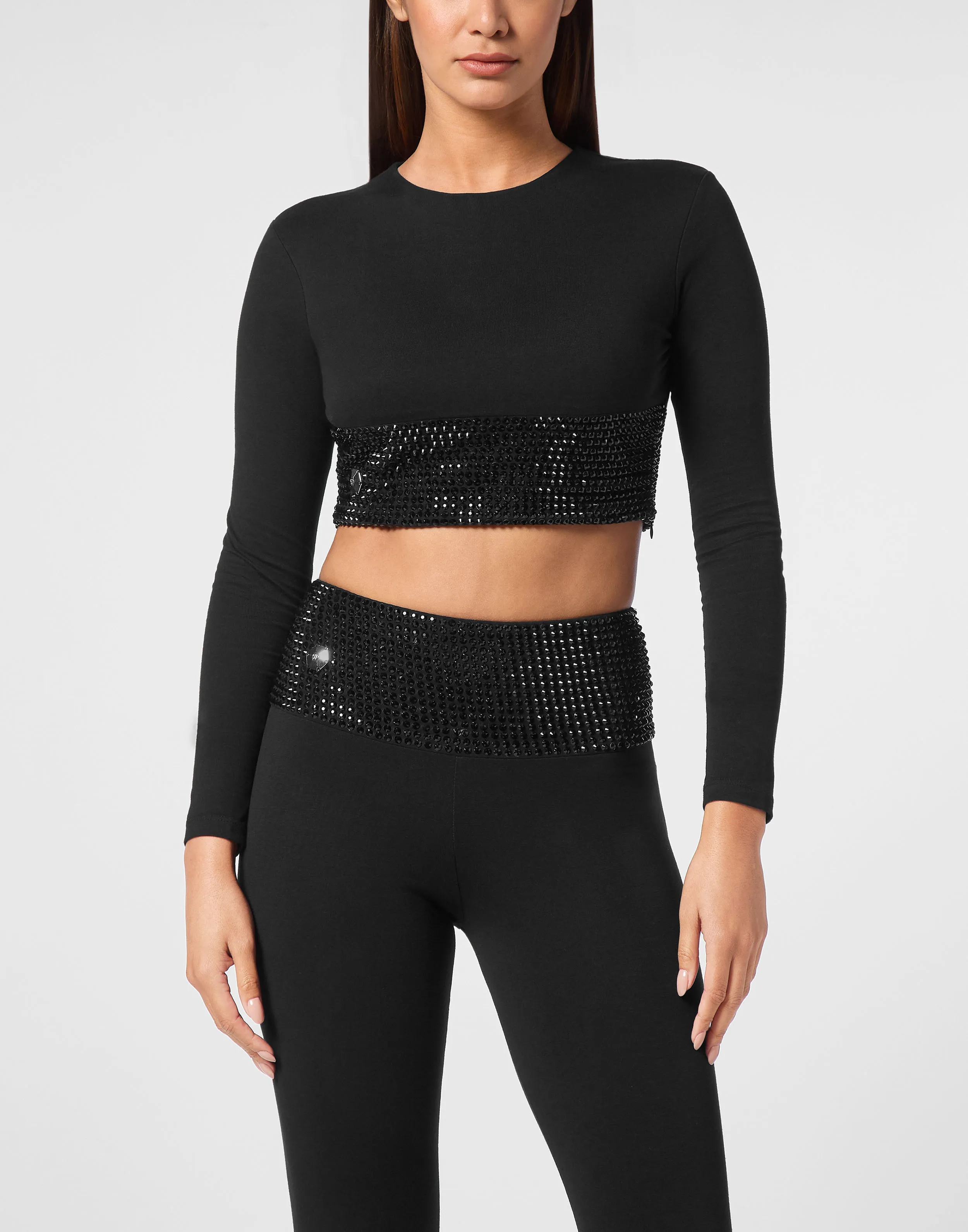 Strass Cropped T-shirt Round Neck LS