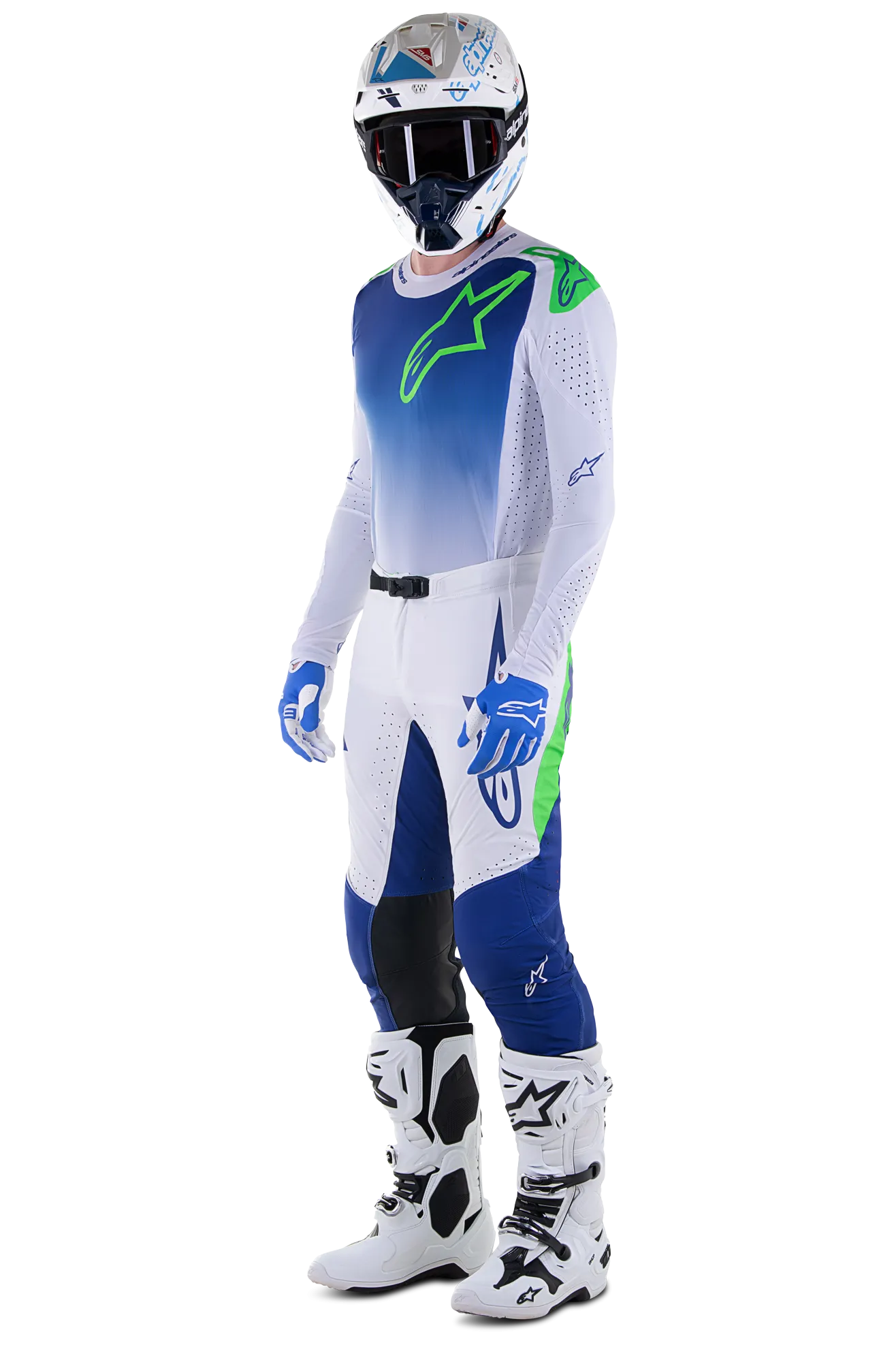 Traje de Cross Alpinestars Supertech Risen Azul Rayo-Blanco-Verde Fluo