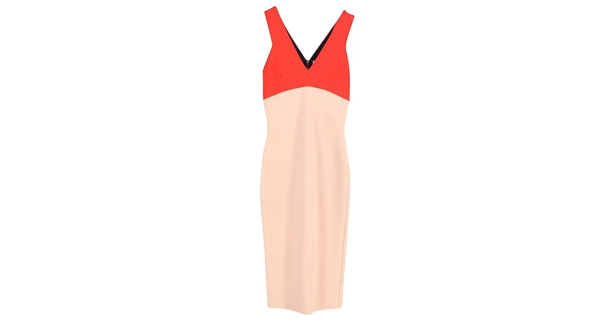 Victoria Beckham Vestido midi color block con cuello en V en viscosa naranja y nude 