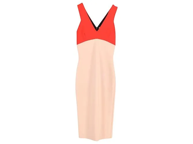 Victoria Beckham Vestido midi color block con cuello en V en viscosa naranja y nude 