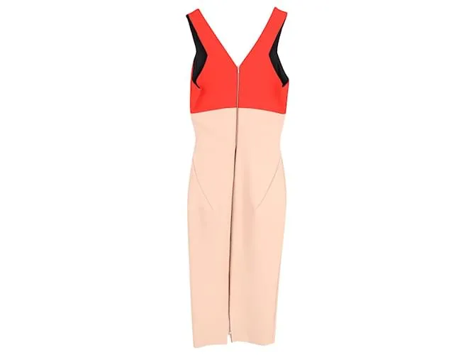 Victoria Beckham Vestido midi color block con cuello en V en viscosa naranja y nude 